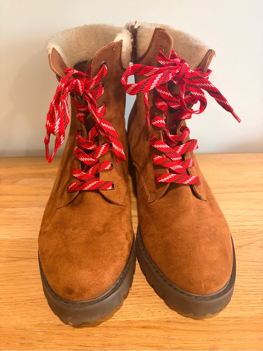 Lane Bryant Dream Cloud Tan Suede Lace-Up Hiker Boots with Red Laces